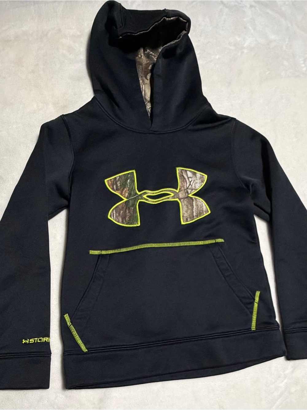 Under Armour Black Hoodie with Camo Logo and Neon Trim